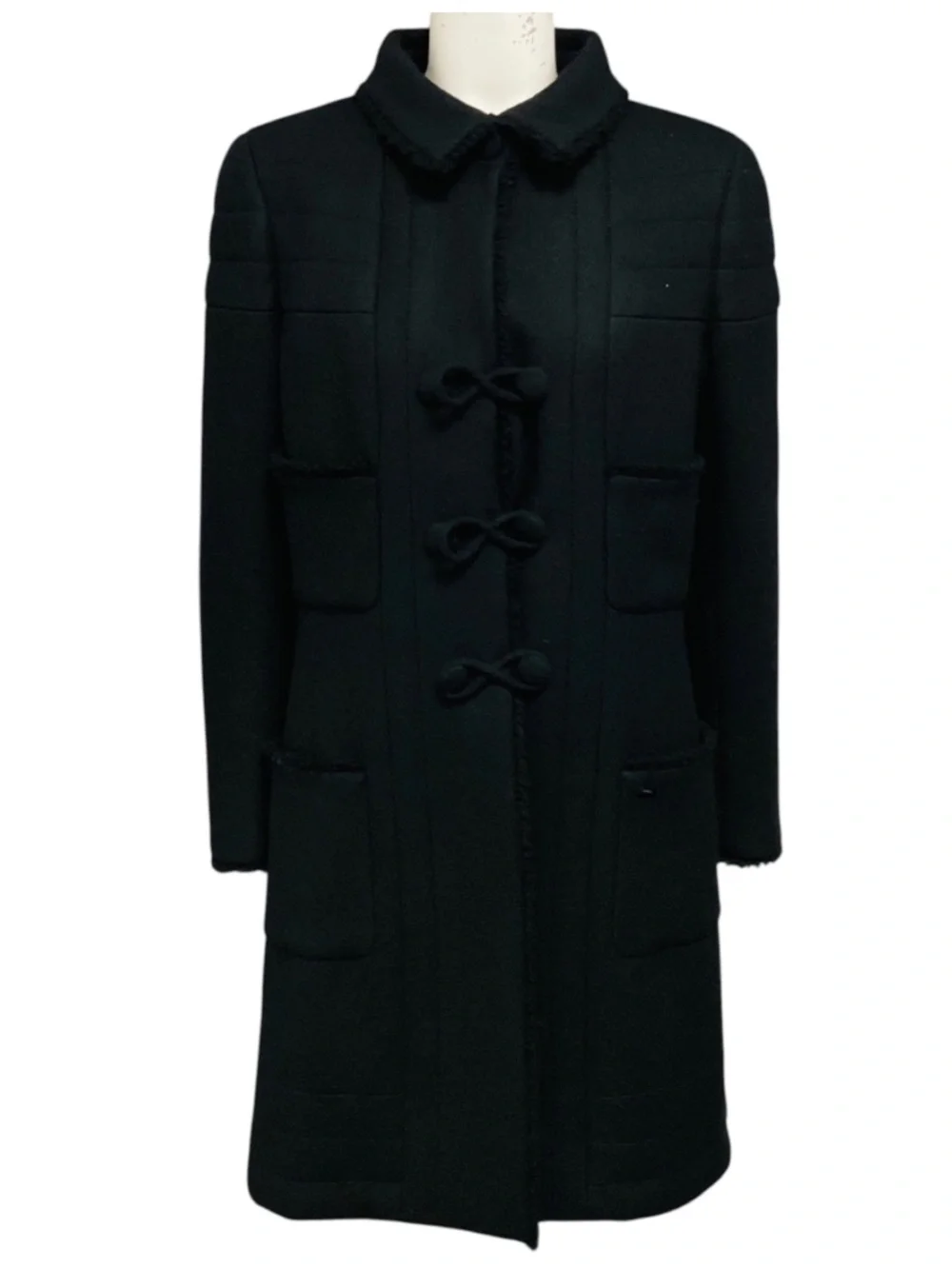 CHANEL BLACK VINTAGE 2006 SILK LINED MID LENGTH WOOL COAT WITH FRINGED TRIM